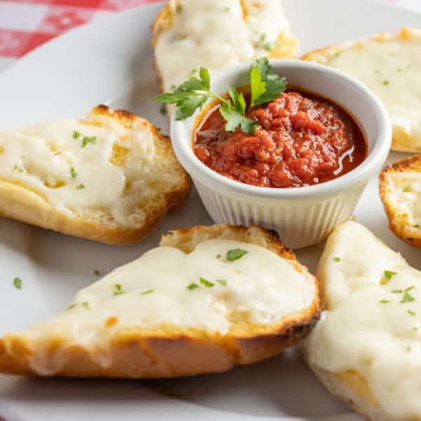Cheesy garlic bread slices with a side of marinara sauce, garnished with parsley.
